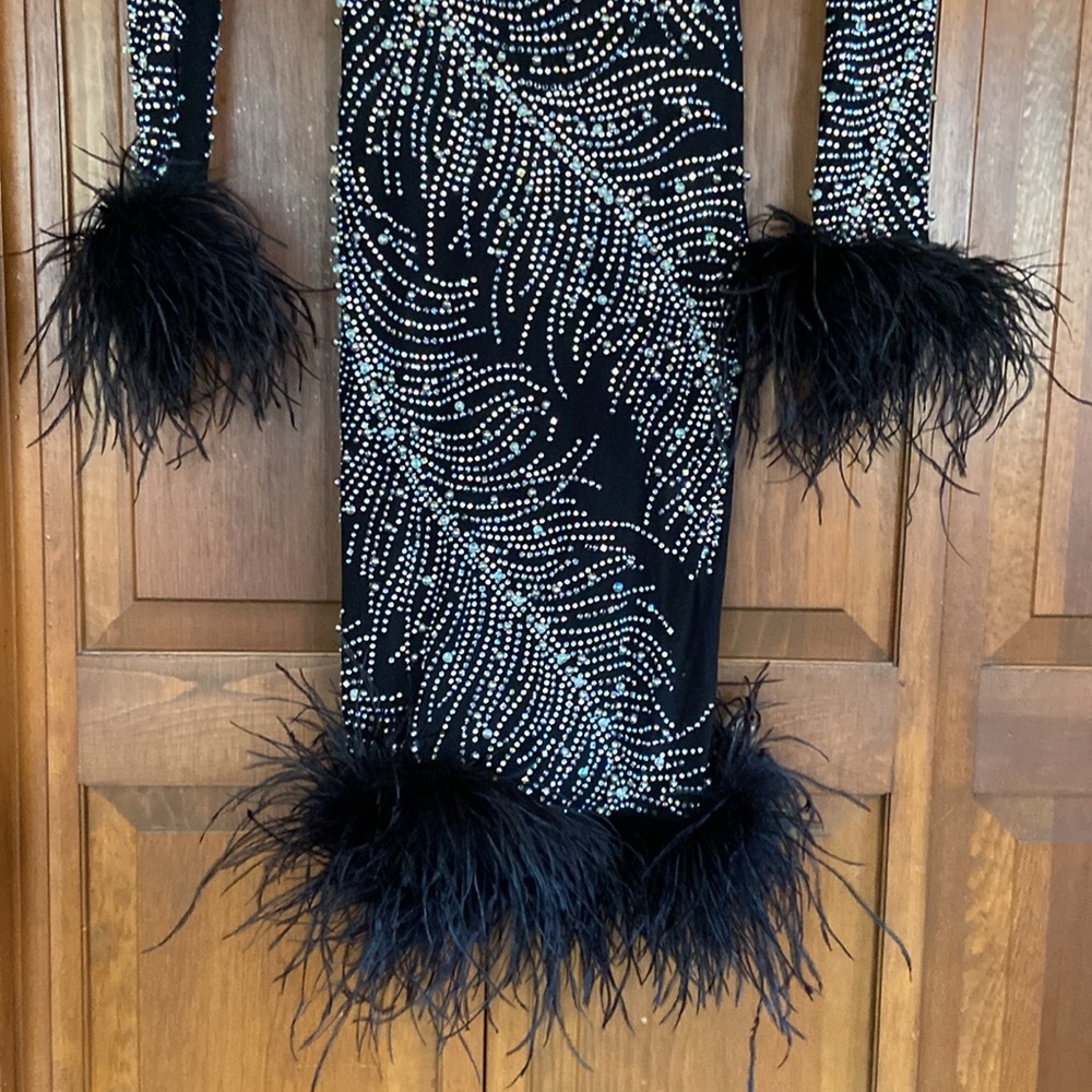 🔥 GORGEOUS BEADED SHEER BLACK LONG SLEEVE DRESS W/BLACK FEATHER TRIM~SM - Picture 12 of 17